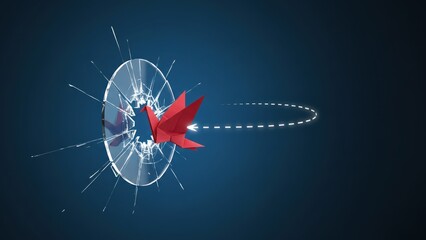 A red origami bird breaking glass barrier with glowing white path, symbolizing innovation, leadership, technical support and customer service