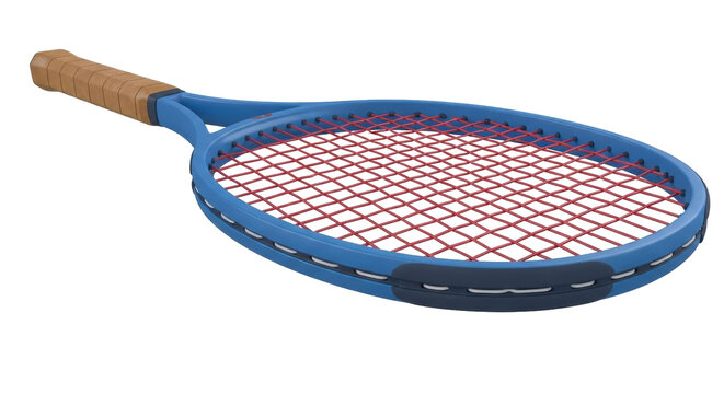 Isolated tennis racket featuring a blue frame and red strings ready for a match or practice