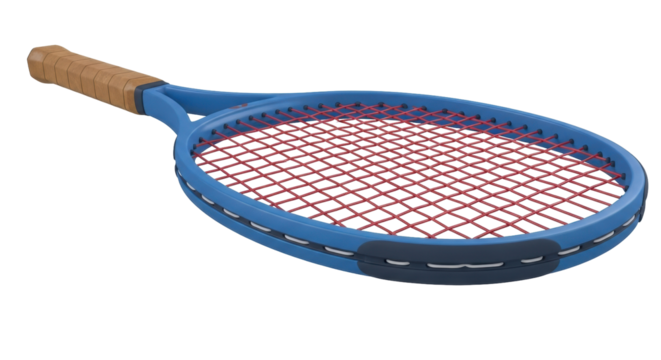 Isolated tennis racket featuring a blue frame and red strings ready for a match or practice
