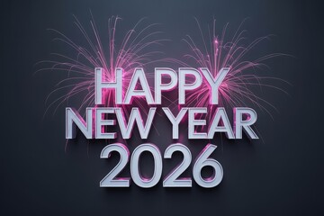 Happy New Year 2026 text with pink fireworks on a dark background.