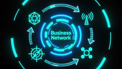 A glowing business network hologram with neon icons in cyber tech scene, symbolizing innovation, b2b, technical support and customer service