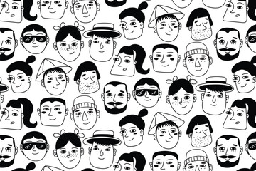 Black and white seamless doodle faces pattern — cute hand drawn portraits of different people for posters, fabrics, and wallpapers