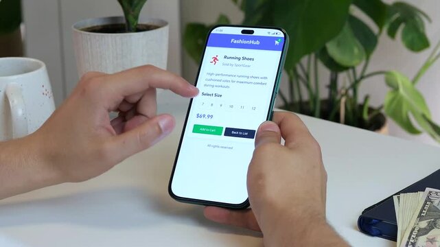 A man's hands navigate a mobile shopping app, loading a product page for sports shoes. With cash lying on the table, he selects his size and adds the item to his digital cart, illustrating the blend