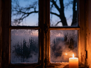 Candlelight illuminates a frosty window with a view of trees against a twilight sky outside at dusk halloween