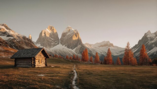 A rustic cabin sits on a hillside with a path leading to snow-capped mountains at sunset - Powered by Adobe