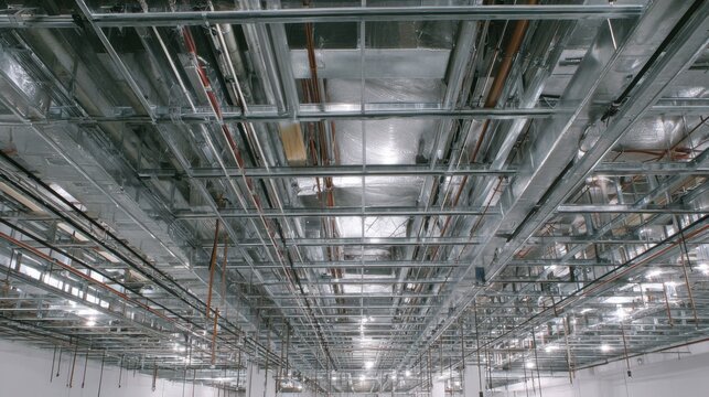 Exposed ceiling framework with pipes and wires in a building under construction.