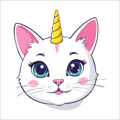 Fototapeta premium Cute Cat Unicorn Face character. Cartoon Kitten with I am Caticorn slogan for kids print design. Magic Kitty Face Isolated vector illustration.