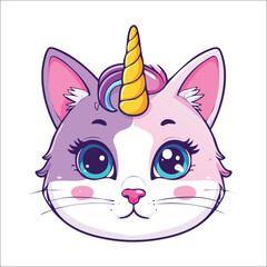 Cute Cat Unicorn Face character. Cartoon Kitten with I am Caticorn slogan for kids print design. Magic Kitty Face Isolated vector illustration.