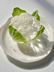  transparent glass cauliflower sculpture on white plate with water droplets fresh organic vegetable concept art