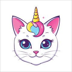 Cute Cat Unicorn Face character. Cartoon Kitten with I am Caticorn slogan for kids print design. Magic Kitty Face Isolated vector illustration.