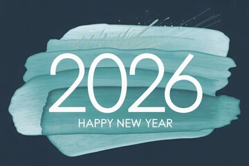 A modern and artistic "Happy New Year 2026" greeting with a teal brushstroke effect on a dark background.