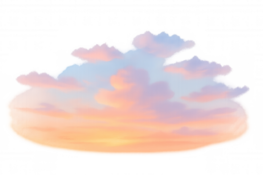 Clouds with sunset colors isolated on transparent background illustrating weather, sky, and ethereal atmosphere