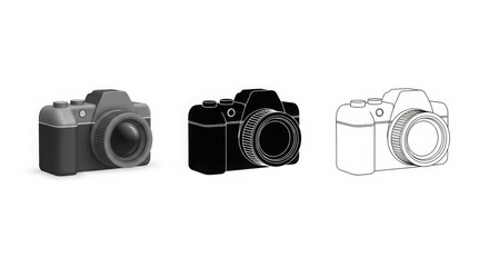 Three distinct camera representations showcasing photography evolution from classic to digital abstract