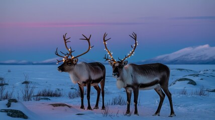 Two reindeer with festive lights on their antlers stand in a snowy landscape at dusk.