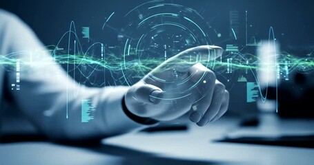 Futuristic hand reaching towards glowing digital interface in a tech lab - Powered by Adobe