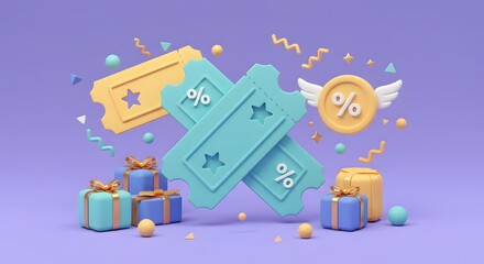 Exclusive discount coupon and customer loyalty program rewards. Cashback voucher and special prize giveaway. Floating tickets, percentage coin, and wrapped gift boxes