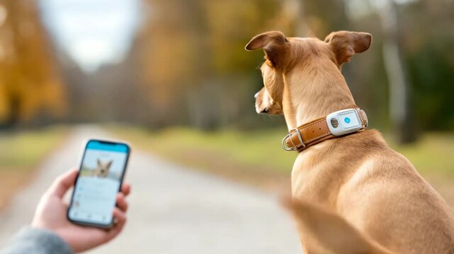 Dog wearing smart GPS collar standing on forest path in autumn, owner holding smartphone with tracking app open. Concept of pet technology, safety and real-time location tracking. 4K video