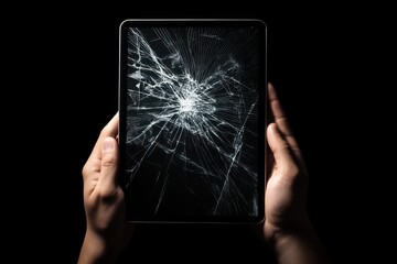 Hand Holding Cracked Tablet Isolated on Black Background