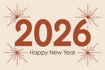 A retro-style graphic celebrating the year 2026 with the text "Happy New Year" and starbursts.