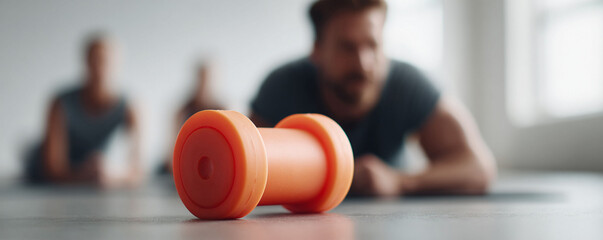 Closeup of an orange dumbbell with people in the background doing floor exercises. Focus on fitness, wellness, and healthy lifestyle. Suitable for sports or health.