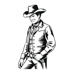 Cowboy vintage hand-drawn illustration, black and white engraving style, retro line art, clean lines, minimal shading, high contrast, isolated on white background