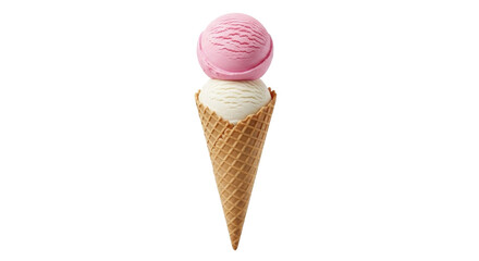 Isolated double scoop ice cream cone with pink strawberry and white vanilla flavors dessert