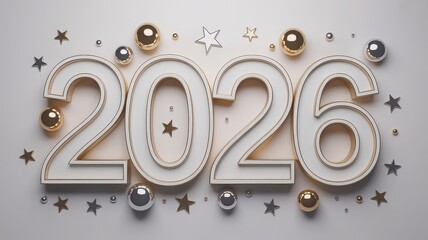 Elegant 3D rendering of the year 2026 with golden and silver spheres and stars.