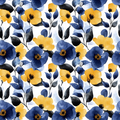 Floral Watercolor Pattern: An exquisite floral design showcases vibrant yellow and blue blooms with contrasting leaves, an elegant pattern that evokes sophistication and a touch of nature.