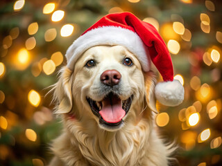 Happy golden retriever dog wearing a santa hat with christmas lights and bokeh in the background, smiling