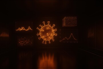 Stunning digital rendering of Coronavirus with data charts glowing in a futuristic laboratory setting, perfect for science, technology, or medical visuals, conveying innovation and research