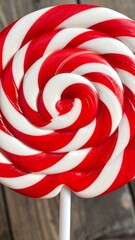Red and white swirly spiral lollipop close-up on stick