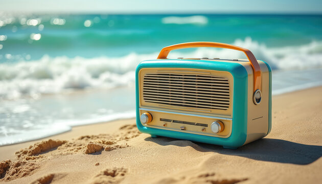 Vintage portable radio on sandy beach with turquoise ocean waves in background under clear blue sky. Retro music player with handle, dials. Summer vacation, relaxation scene. Calm sea, sunny day.