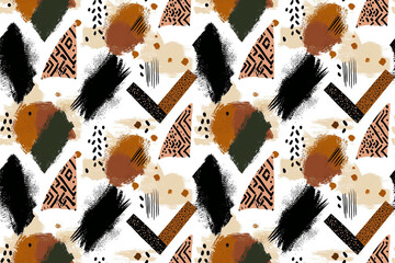 Abstract Pattern of Geometric Shapes: A visually captivating abstract pattern composed of dynamic geometric forms, brushstrokes, and earthy colors.