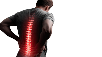 Middle aged man suffering from lower back pain standing and holding waist in discomfort isolated on white background