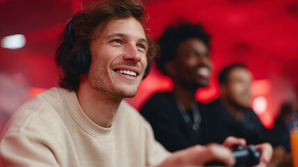 Obraz premium Excited young man smiles, wearing headphones while gaming with friends in a vibrant, redlit room. Captures friendship, competition, and modern entertainment.