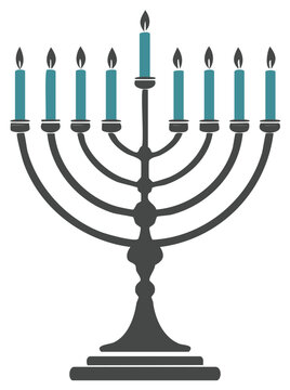 Lit Hanukkah Menorah with Teal Candles Illustration for Jewish Holiday Celebration