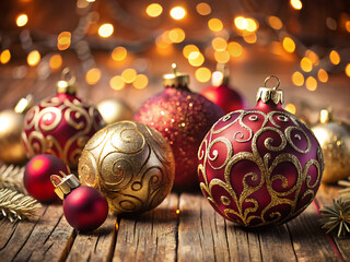 Festive christmas ornaments in red and gold colors displayed on a rustic wooden surface with bokeh lights in the background