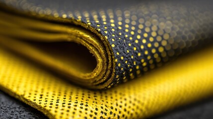 Closeup of folded black and yellow fabric with a dotted pattern texture.