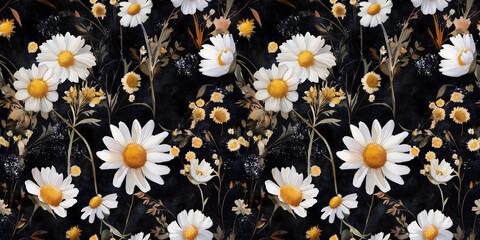 Floral Symphony on Midnight Canvas: A stunning floral composition of daisies with their pristine white petals and sunny yellow centers, blooms vibrantly against a rich, inky background.