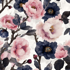 Floral Serenity: An exquisite floral pattern in soft hues of pink and navy, presenting a timeless design of delicate beauty and natural elegance.