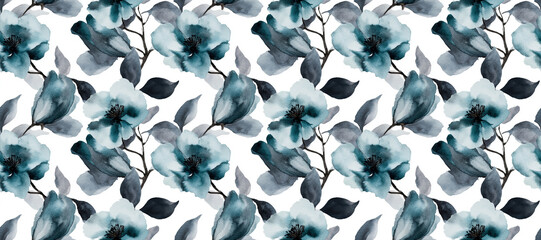 Watercolor Floral Pattern: An elegant watercolor painting of intricate teal flowers, arranged in a seamless repeating pattern, evokes a sense of calm and sophistication.