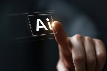 Man Pressing Virtual Button Labeled AI in Digital Interface
