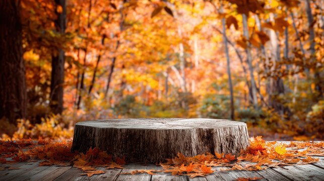 A tree stump in the middle of a forest during the autumn season.