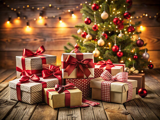 Pile of wrapped christmas gifts with red bows in front of a decorated tree