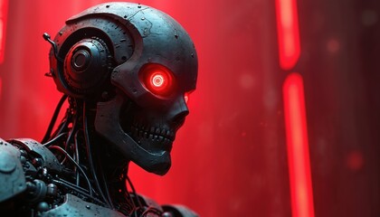 Grungy android robot head with bright red glowing eyes. Dark metallic casing and exposed wires. Futuristic machine, sci-fi horror concept. A menacing mechanical being waits.