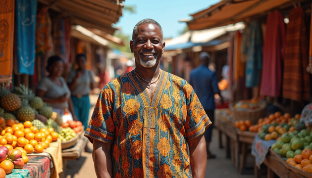 Man in shweshwe outfit stands in market. He smiles wearing ethnic clothing. Fruit and textiles fill market stalls. He is confident. African style fashion represents travel and lifestyle.