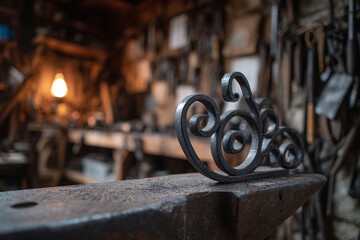 Handcrafted wrought iron detail on anvil. Evokes craftsmanship, tradition, and timeless artistry. Ideal for metalwork, design, and historical themes.