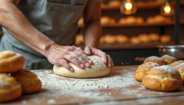 Baker kneads dough on wooden table in bakery. Hands work with flour covered dough. Pastries and bread on table. Professional baker prepares dough for baking. Baking process in commercial kitchen.