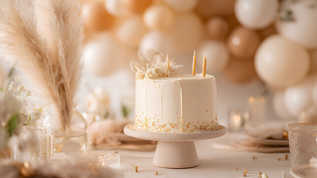 Boho chic birthday table with minimalist ivory frosted cake on ceramic stand surrounded by pampas grass balloons and neutral confetti in bright studio light