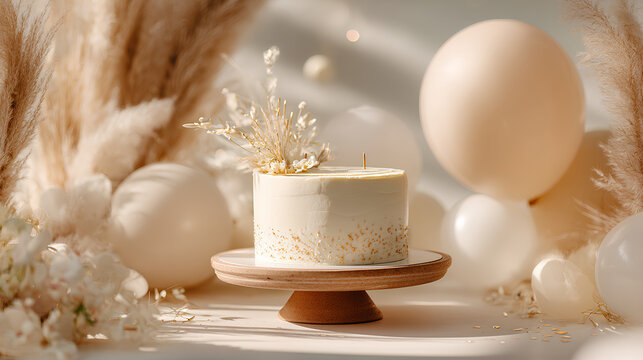 Boho chic birthday table with minimalist ivory frosted cake on ceramic stand surrounded by pampas grass balloons and neutral confetti in bright studio light
